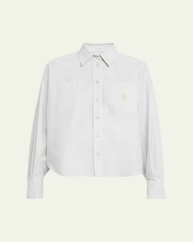 Crest Embroidered Patch-Pockets Short Button-Down Shirt